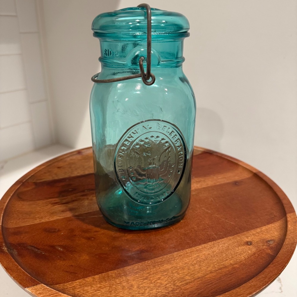 Vintage Ball Ideal Aqua Glass Mason Jar Bicentennial 1776-1976 Eagle Wire Bail